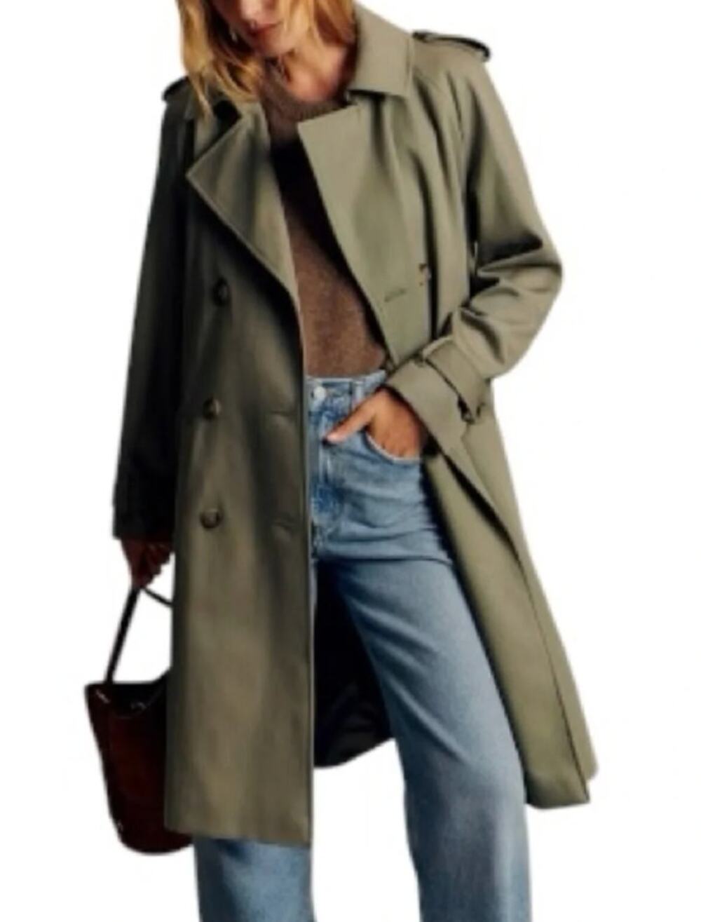 Sezane Midi Long Sleeve Belted Trench Coat Olive Green XS